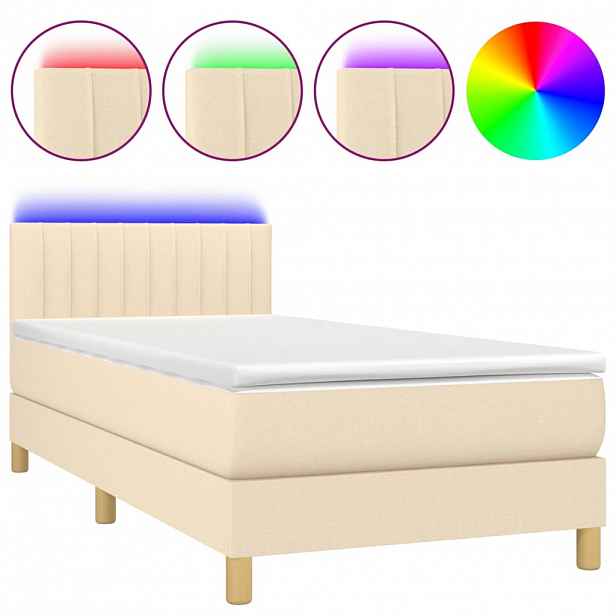 vidaXL Box spring postel s matrací a LED krémová 90x200 cm textil
