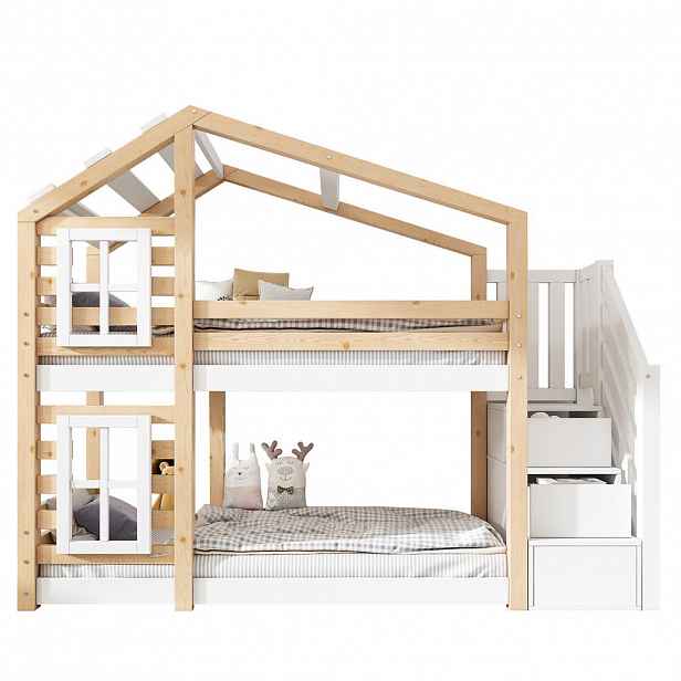 OKWISH PATROVÁ postel 90/200 cm přírodní/bílá z masivního dřeva a MDF s úložnými schody