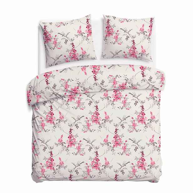 Povlečení 160x200 světle šedé s růžovými květy a hnědými větvičkami CottonLove