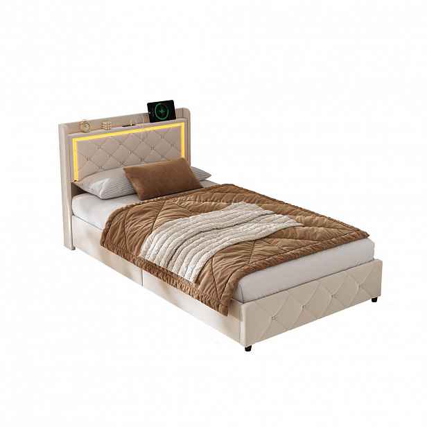 SHOPENTRA ČALOUNĚNÁ postel 90x200 cm béžová sametová LED úložná jednotka s USB