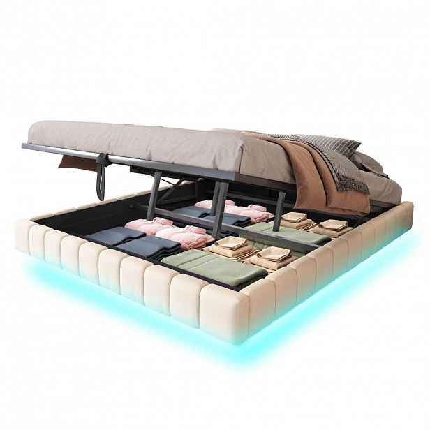 Modfu ČALOUNĚNÁ postel z lněné tkaniny 180x200 cm béžová s LED osvětlením a hydraulickým úložným prostorem, plovoucí vzhled