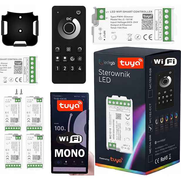 Set 4x Ovladač 1x Dálkový Ovladač Rádiový stmívač pro Led Pásky Cob Mono Wifi
