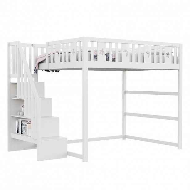 OKWISH DĚTSKÁ vysoká postel 253/145/171 cm bílá s úložnými schody a policemi z masivního dřeva