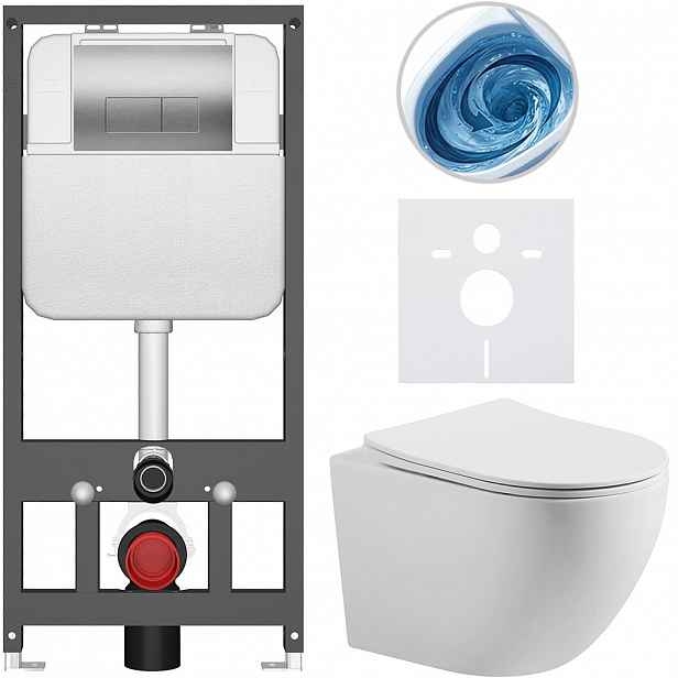 Kompletní WC set Basic/Cesso - bílá matná - WC tlačítko Modulo/Stříbrná - závěsné - předstěnová instalace - 49x36 cm - 8050BD86193