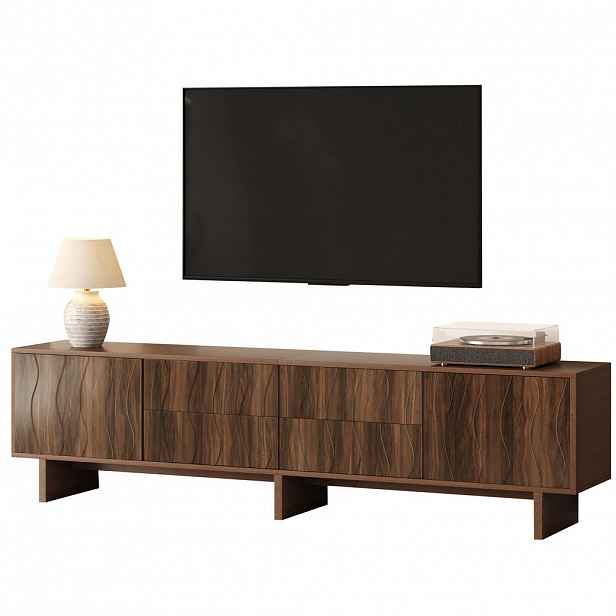 Modfu TV stolek z dřevotřísky 180x40x56 cm tmavý ořech se 4 zásuvkami a 2 dvířky, vlnitý design pro TV do 75 palců
