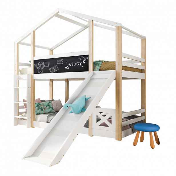 OKWISH PATROVÁ postel Treehouse 90/200 cm bílá se skluzavkou a žebříkem