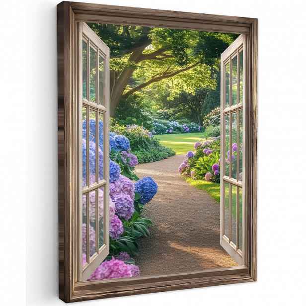 MuchoWow OBRAZ NA PLÁTNĚ Pohled - Zahrada - Okno - Hortenzie - Květiny 60x80 cm