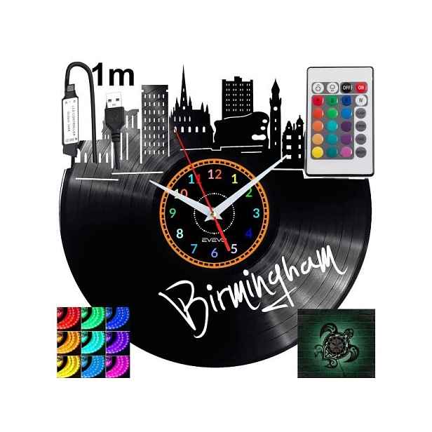 Birmingham Nástěnné hodiny podsvícené Led Rgb na dálkové ovládání Vinylová deska Nově