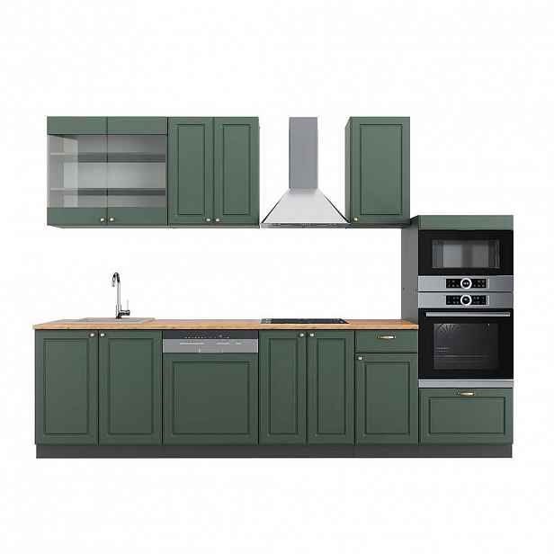 Vicco KUCHYŇSKÝ KOUT Fame-Line Zeleno-zlatá Country House/Anthracite 300 cm s vysokou skříní, PD Dub