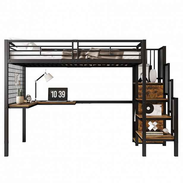 Modfu PATROVÁ postel z kovu a MDF 90x200 cm černá a tmavý ořech s šatní skříní, bočními schody a stolem
