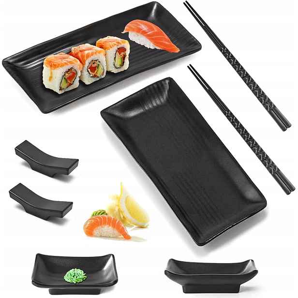 Nádobí na sushi, sada 8 kusů, talíře, tyčinky, misky, černé