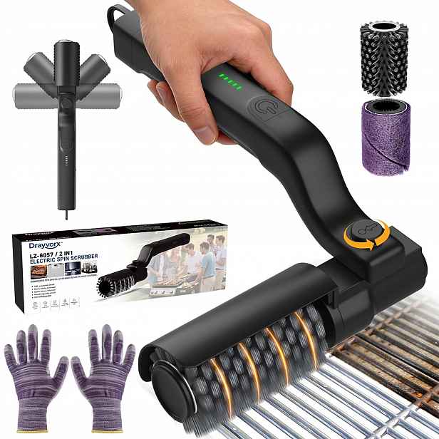 Elektrický kartáč na gril s vyměnitelnou hlavicí, 3 rychlosti, 300-450 ot/min