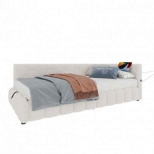 OKWISH DENNÍ postel 90/200 cm bílá z velvetu s úložným prostorem LED a USB/Typ-C