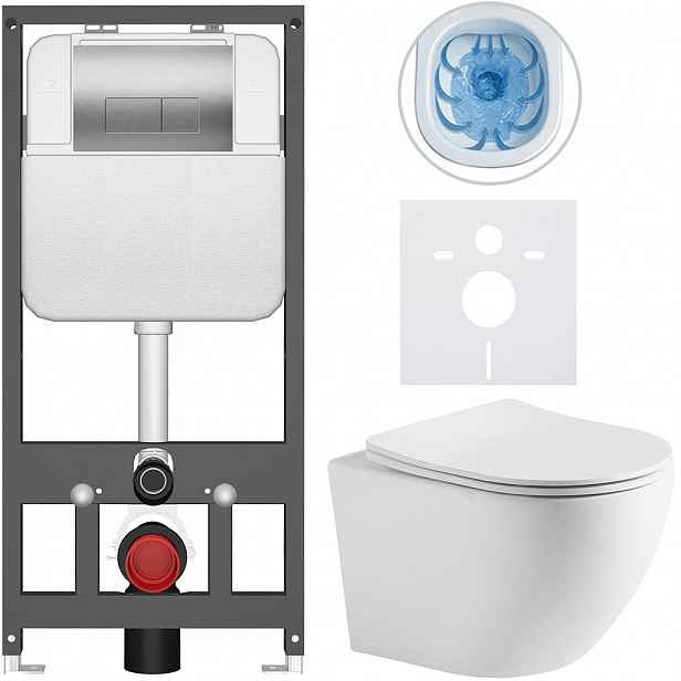 Kompletní WC set Basic/Cesso - bílá matná - WC tlačítko Modulo/Stříbrná - závěsné - předstěnová instalace - 49x36 cm - 8050BD86283
