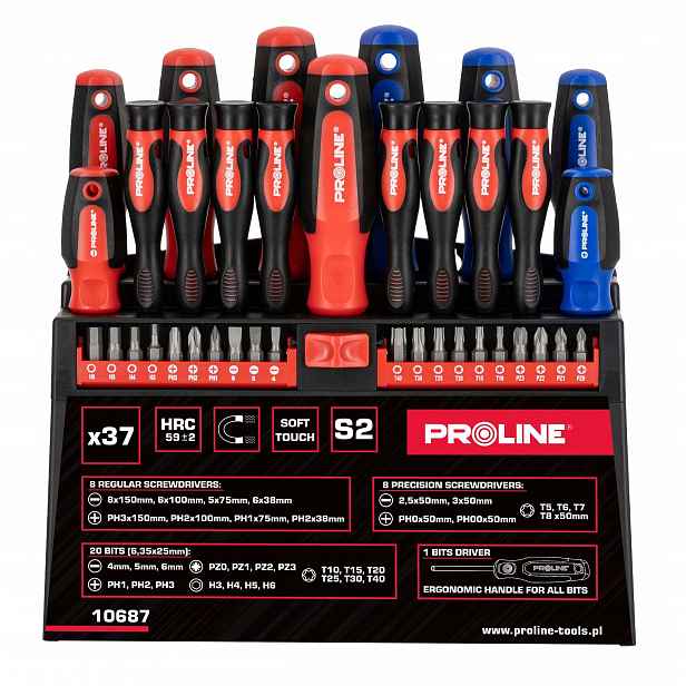 Sada šroubováků soft touch 37ks S2 Hrc 59 magnet stojan Proline 10687
