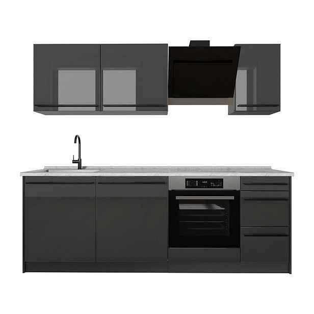 Vicco KUCHYŇSKÝ KOUT R-Line, Antracitový vysoký lesk/Antracit, 220 cm pracovná doska Mramor
