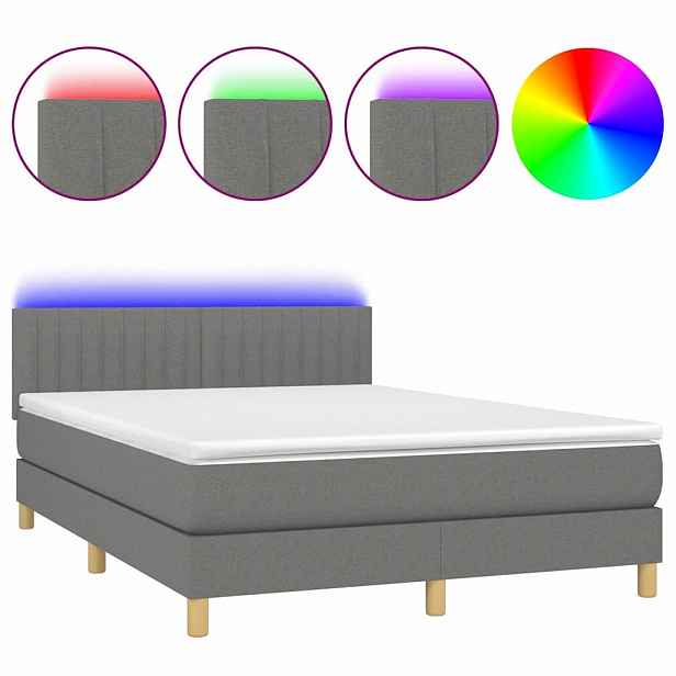 vidaXL Box spring postel s matrací a LED tmavě šedá 140x190 cm textil