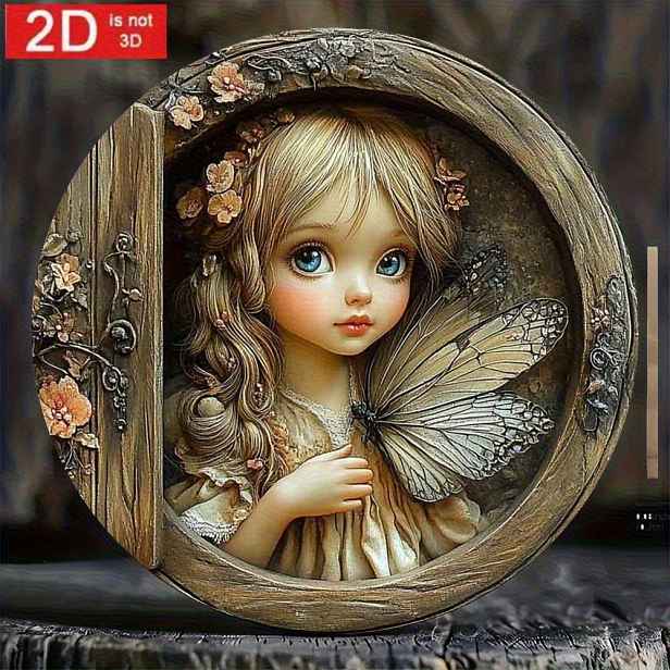 TEMU 2D Plochá, 2D Plochá , 2D Fantazijní Kruhová Dřevěná Plaketa - Roztomilá Víla Navštěvující Květiny a Motýly, Surrealistické Nástěnné Umění pro