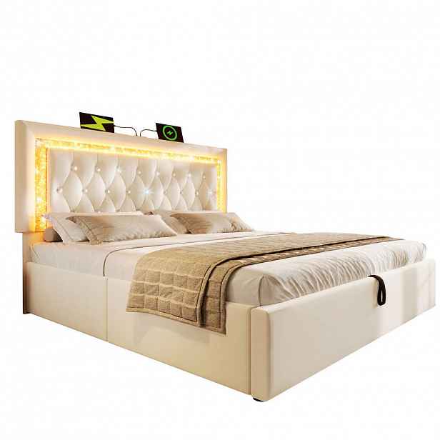 Modfu ČALOUNĚNÁ postel ze sametu 160x200 cm béžová s LED, USB a Type-C, hydraulickým úložným prostorem a matrací