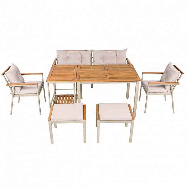 Modfu ZAHRADNÍ jídelní set z akáciového dřeva 171x35x81 cm béžový s odnímatelným servírovacím vozíkem pro 6–7 osob