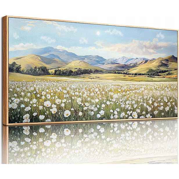 Obraz v dřevěném rámu, louka, hory 58x120 cm, horské výhledy