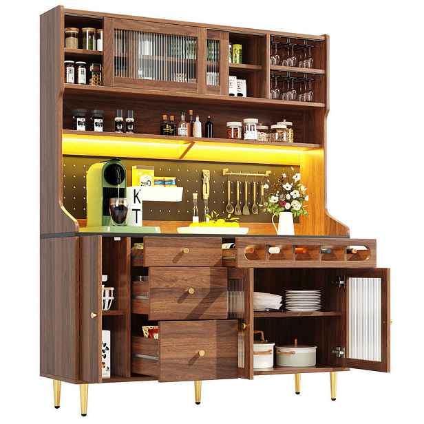 Modenvie BUFFET skříň, 145/39/171 cm, MDF a sklo v ořechové barvě s LED osvětlením