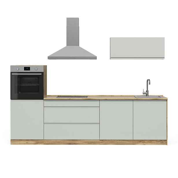 Vicco KUCHYŇSKÝ KOUT R-Line, pastelově zelená/Zlatý mocný dub, 280 cm pracovní deska Bílá