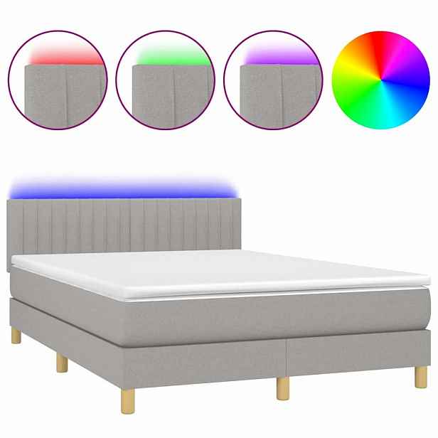 vidaXL Box spring postel s matrací a LED světle šedá 140x200 cm textil