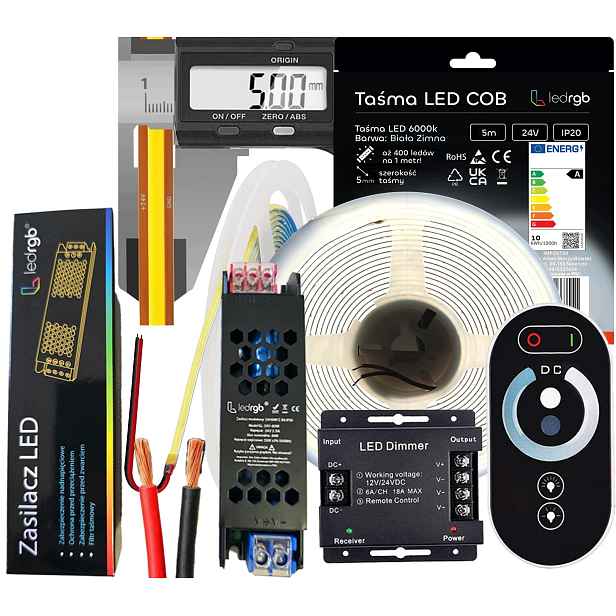 Set Led pásek Neon Cob 24V 5 m 6000K Bílý Studený Ultra Tenký 5MM Dálkový Ovladač