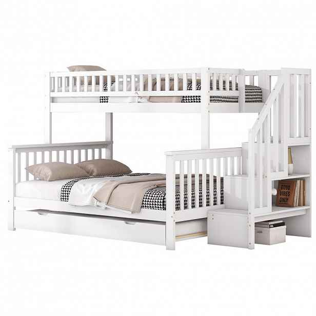 OKWISH PATROVÁ postel 90/200 a 140/200 cm, bílá, s výsuvným lůžkem a schůdky. Matrace není součástí balení.