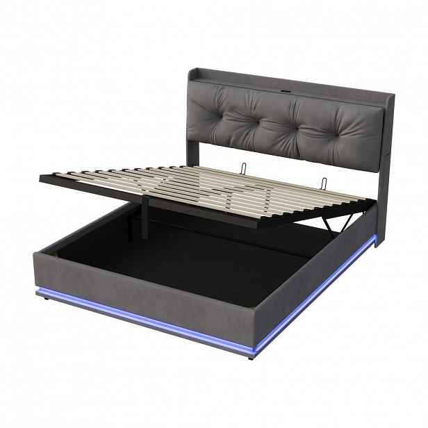 SHOPENTRA ČALOUNĚNÁ postel 160x200 cm sametově šedá s boxem, LED a USB-C