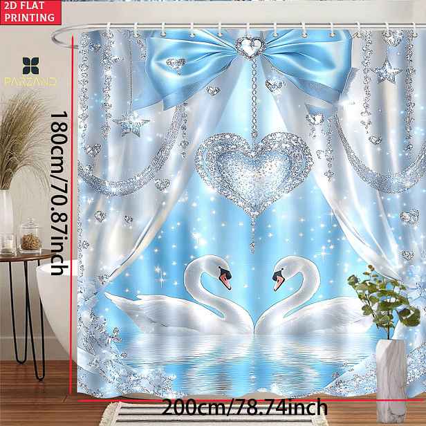 TEMU 2D Plochá, 2D Plochá 1ks Sprchová Závěs s Labutěmi a Modrou Mašlí, Sprchová Závěs s 6/12 Háčky, Elegantní Dekorace do Koupelny pro Domácí a