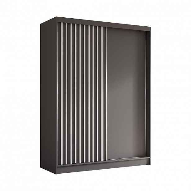 ALTDECOR ŠATNÍ SKŘÍŇ s dýhovanými posuvnými dveřmi a hliníkovými lamelami, LED osvětlení – LABELO – 160 cm šedá+šedá+bílá