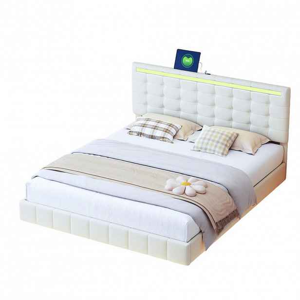 SHOPENTRA ČALOUNĚNÁ postel 160x200 cm béžová s imitací lnu s LED osvětlením, USB porty a lamelovým roštem