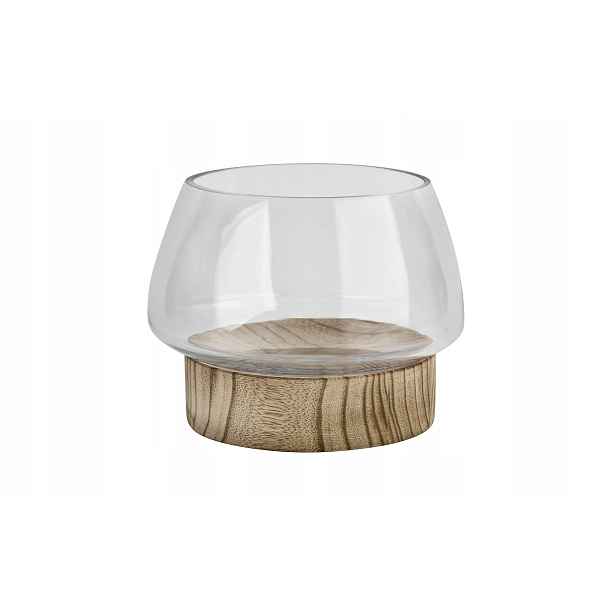 Skleněný svícen 16 cm s dřevěnou základnou JK0239