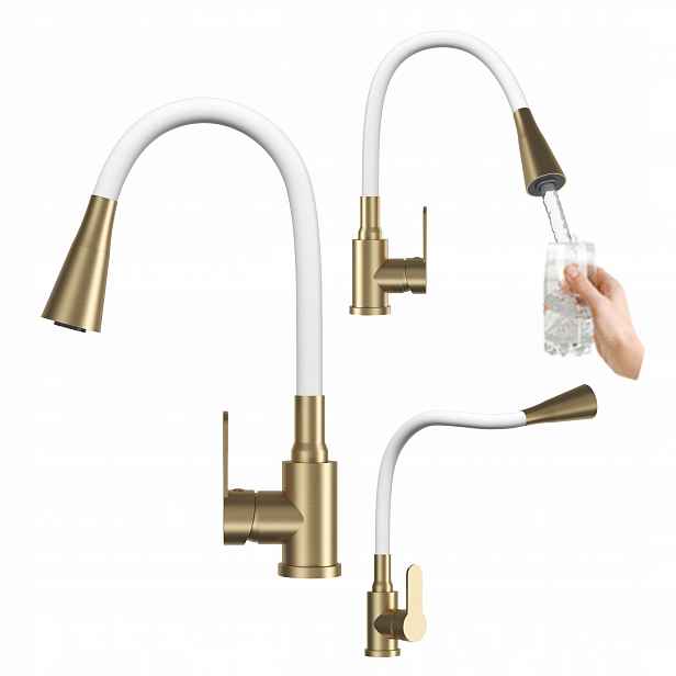 Kuchyňská baterie bílá brushed gold Flexo flexibilní ramínko stojící kohoutek