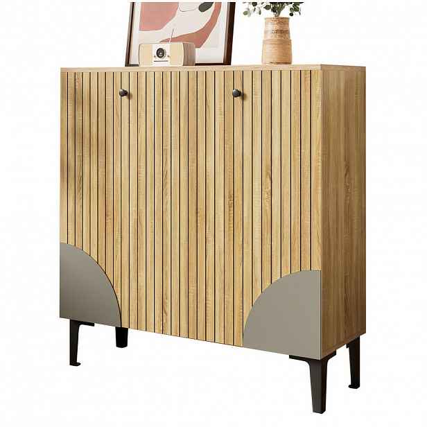 Modfu BOTNÍK z dřevotřísky 90x32x94 cm v dekoru dřeva se 3 dvířky, policemi a horní odkládací plochou