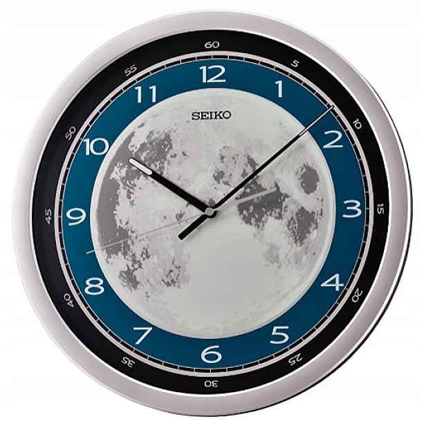 Stříbrný Kulatý Japonský Hodinový Stroj Seiko Měsíc QXA831S 40 cm Svítící Ciferník