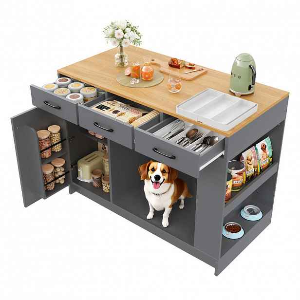 OKWISH KUCHYŇSKÝ ostrůvek 120/60/90 cm přírodní, šedá z MDF se šuplíky a výsuvnou policí