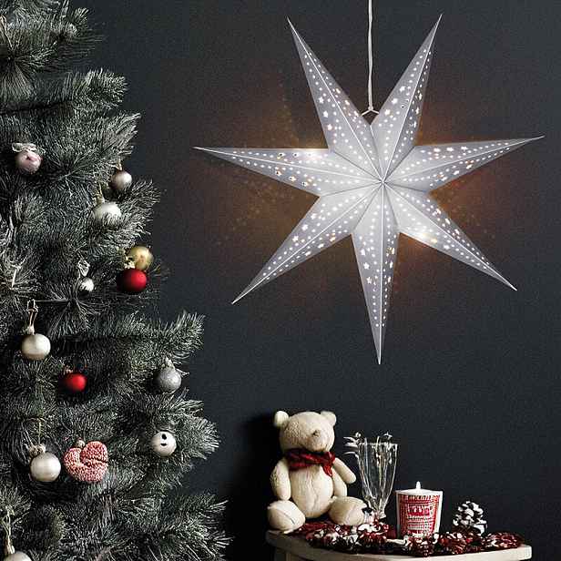 Solight LED stříbrná vánoční hvězda, závěsná, 60cm, 20x LED, 2x AA, stříbrná barva, 1v294