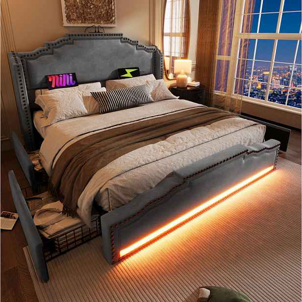 Modfu ČALOUNĚNÁ postel ze sametu 140x200 cm šedá s LED, USB-C, 4 zásuvkami a matrací