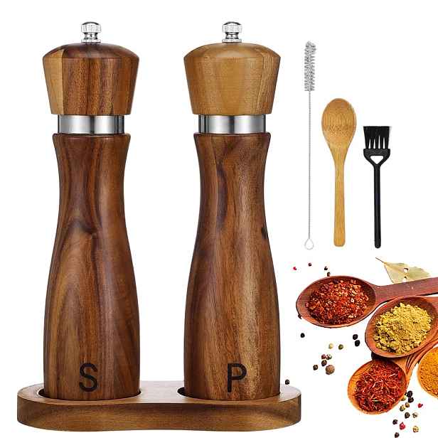 Ruční mlýnek na pepř a sůl s podstavcem, silný dřevěný set X2