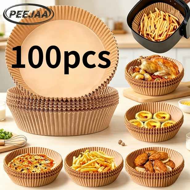 TEMU PEEJAA 50/100 ks kulatý pečicí papír do horkovzdušné fritézy, nepřilnavý, jednorázový, odolný proti skvrnám a oleji, kuchyňský pečicí papír pro