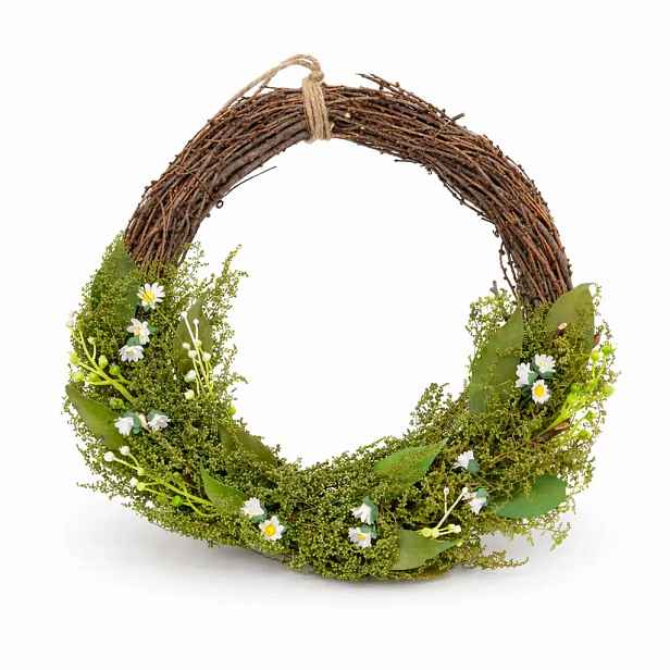 Velikonoční věnec na dveře 34 × 31 × 8 cm, proutí a zelené větvičky s drobnými kvítky, plast, venkovní