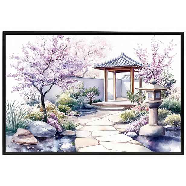 Plakát Rámeček Hliník Akvarel Japonsko Zahrada Višeň Sakura Květiny 60x40