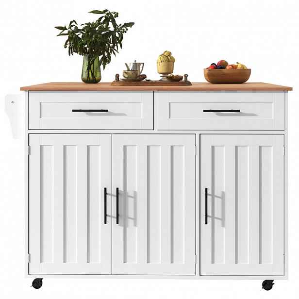OKWISH KUCHYŇSKÝ vozík 129/71/91,5 cm bílá a přírodní z MDF s výklopnou deskou a úložným prostorem