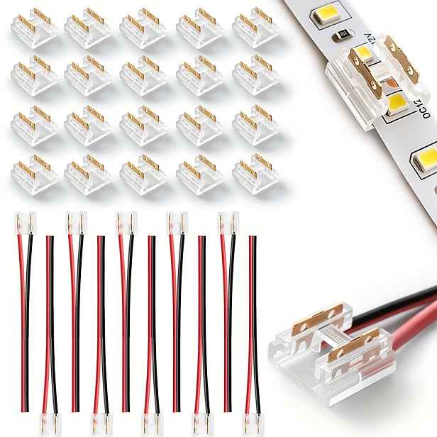 TEMU 30ks LED páskový konektorový set: 20 rozdělovačů pásků jednostranných konektorů, kompatibilní s SMD/COB 2pinovými 8mm světelnými pásky