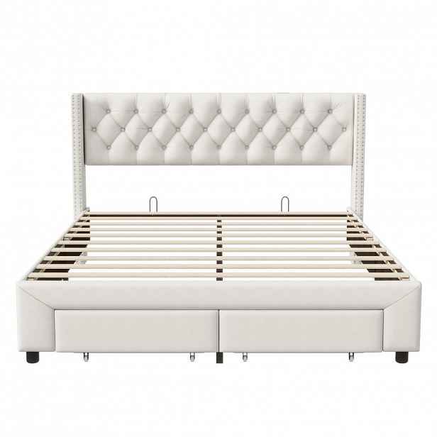 SHOPENTRA ČALOUNĚNÁ postel 180x200 cm béžová sametová LED USB bed box