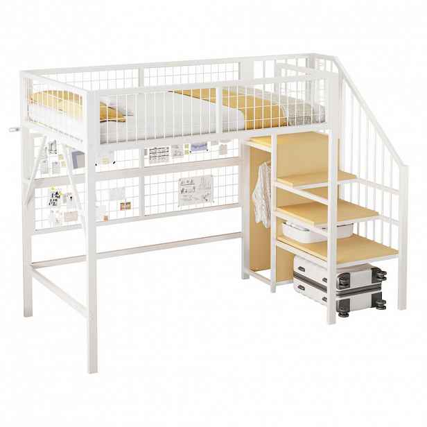 OKWISH VYSOKÁ postel 90/200 cm bílá z kovu se schodišťovým úložným prostorem a s LED osvětlením