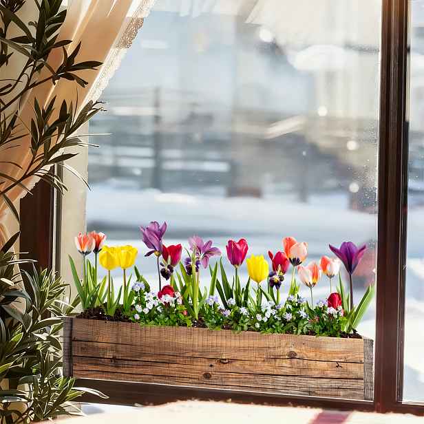 TEMU Dřevěná květinová krabička na parapet s barevnými tulipány, statická samolepka na okno, realistická květinová dekorace, jarní venkovská